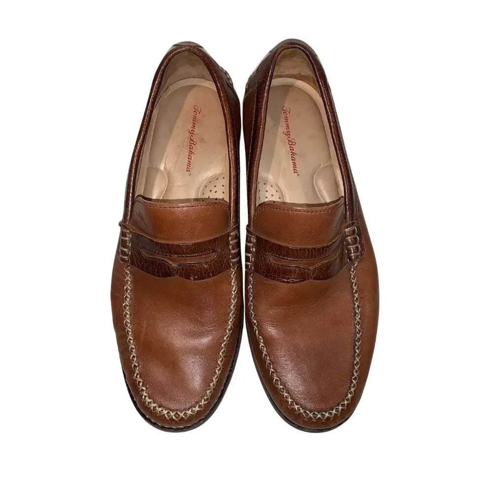Tommy Bahama Men's Finlay Penny Loafers Size 8.5 M Brown Leather Preppy Casual